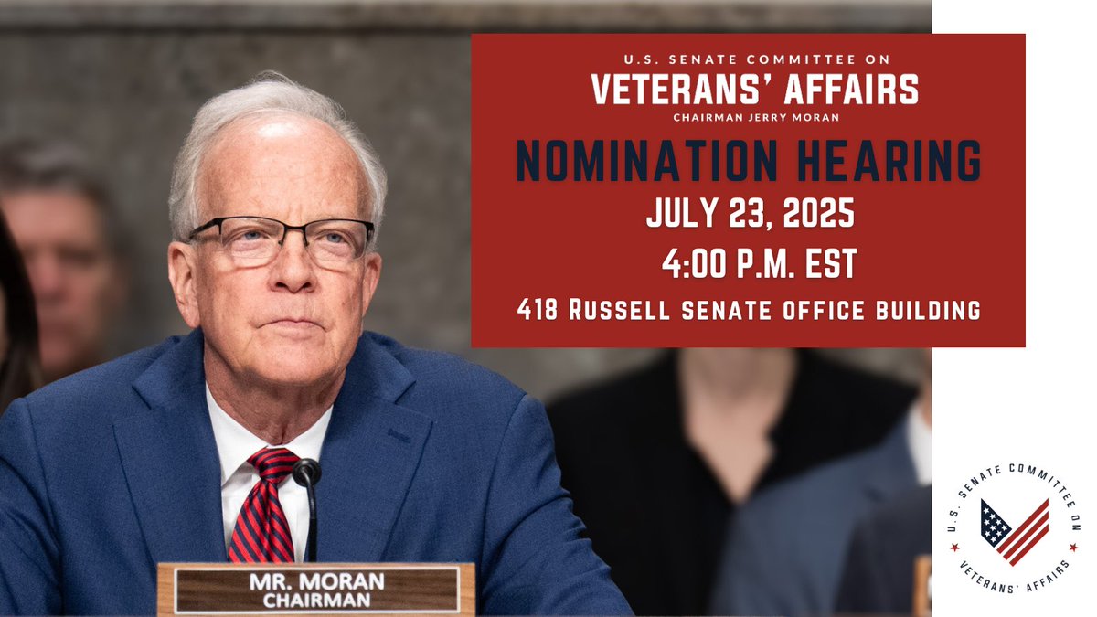 SVACGOP's tweet image. WEDNESDAY: Chairman @JerryMoran will lead the nomination hearing for @DeptVetAffairs Under Secretary for Health & @USDOL Assistant Secretary for Veterans’ Employment and Training.
Watch live here: veterans.senate.gov/2025/7/hearing…