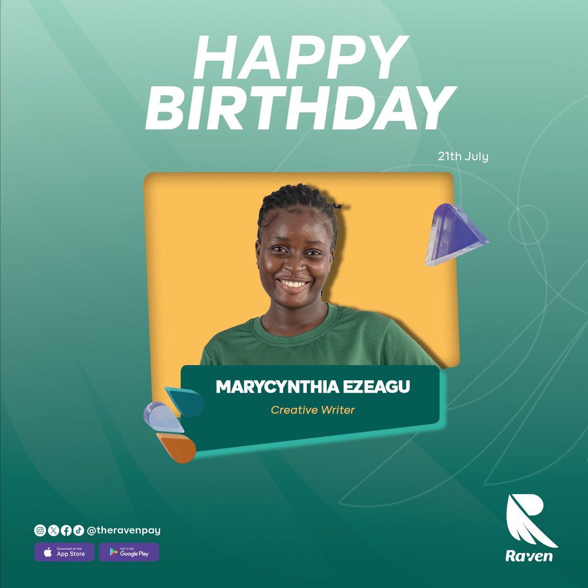 theravenpay's tweet photo. Happy birthday, MaryCynthia Ezeagu!
Thanks for always finding the words. Your creativity, calm, and clever takes make everything better.
We wish you joy, ease, and stories worth telling this year. 💜✨
#RavenTeam #TeamRaven #HappyBirthday https://t.co/pt6wS9AHjs