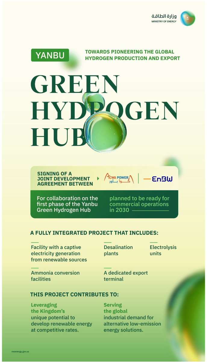 📍Saudi Arabia launches the first phase of the Yanbu Green Hydrogen Hub, an integrated project designed to help meet the global demand for low-emission energy
🤝The H2 hub is a joint development by Acwa Power &amp; EnBW
<a href="/DiiDesertEnergy/">Dii Desert Energy</a> <a href="/pvson/">Paul van Son</a>