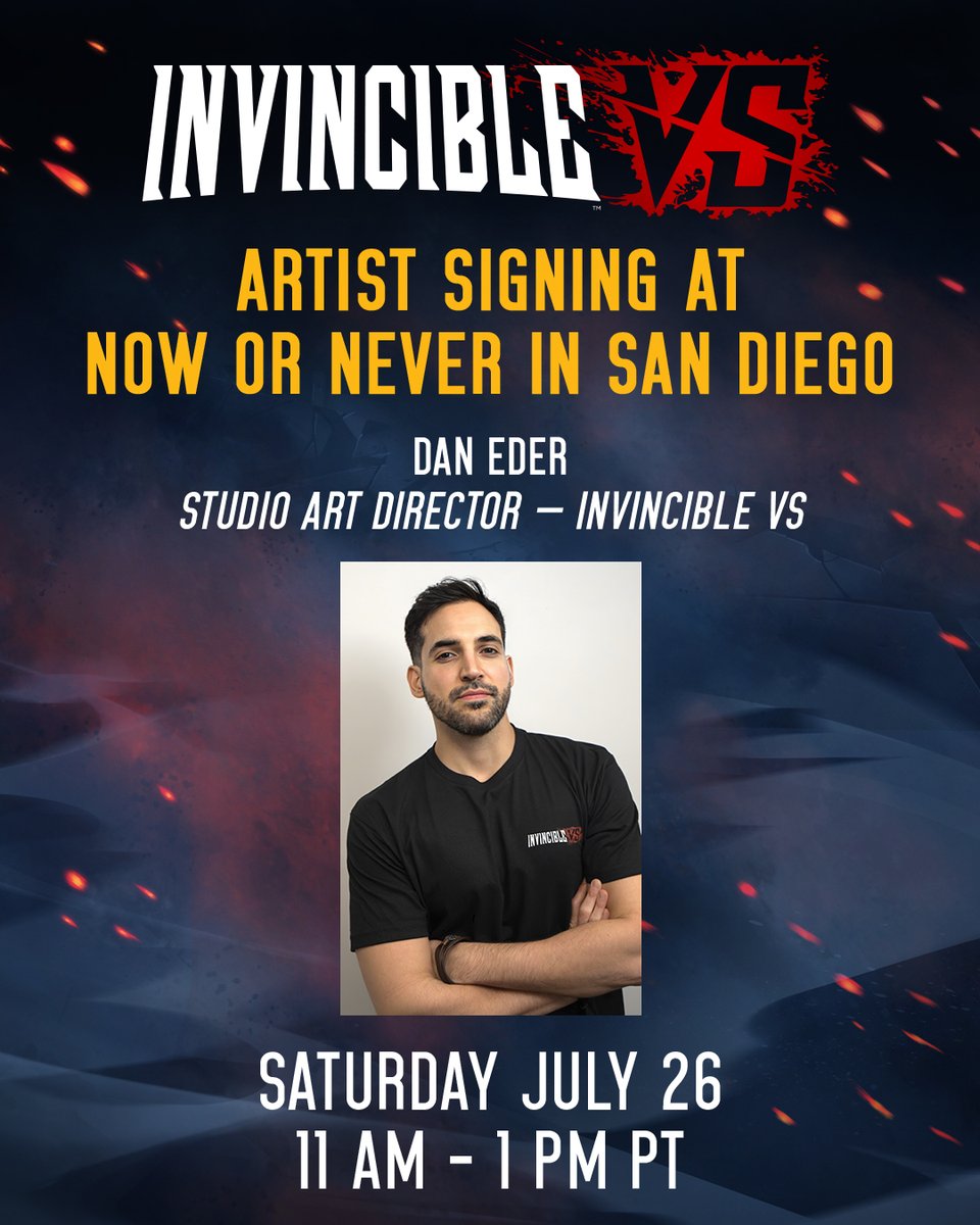 InvincibleVS's tweet image. We're taking over @NowOrNeverComic in San Diego this Saturday.
Come hang out and get your comics signed by Invincible VS Art Director @3DanEder .