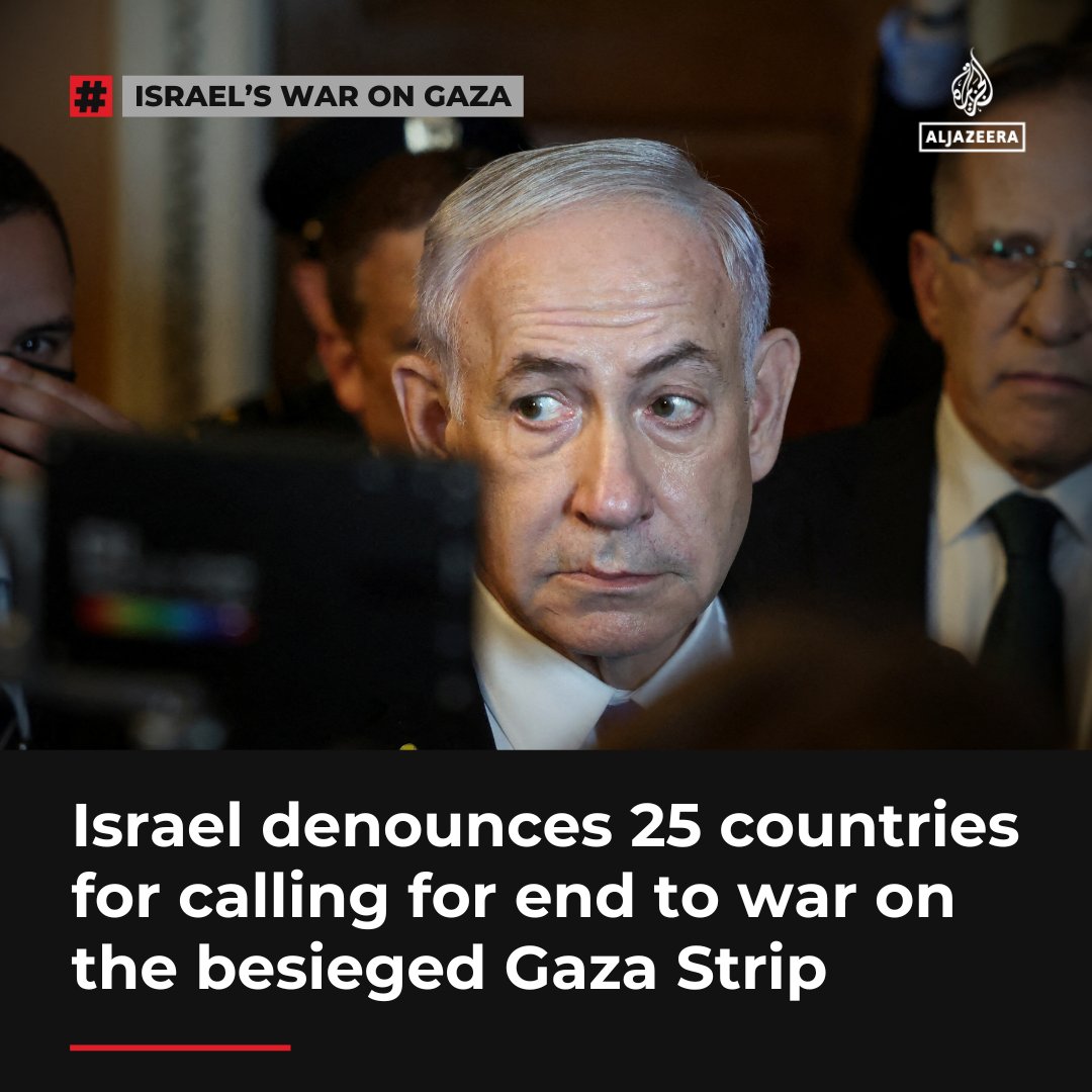 AJEnglish's tweet photo. Israel has rejected a statement by 25 countries calling for an end to the war on Gaza as a move “disconnected from reality and sends the wrong message to Hamas.”

🔴 LIVE updates: https://t.co/iILghl87p3 https://t.co/McUxk6PYMr