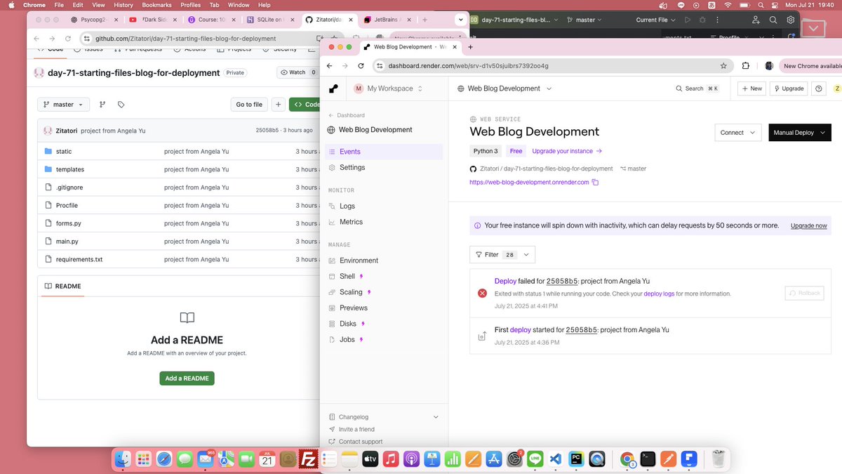 Day 71 of #100DaysOfCode

Deployinng web

Gunicorn -&gt;Flask but in website
PostgreSQL -&gt; Usually inside of Render(not anymore in Free plan) or other host provider

It was really complicated but I'll keep studying !!😃