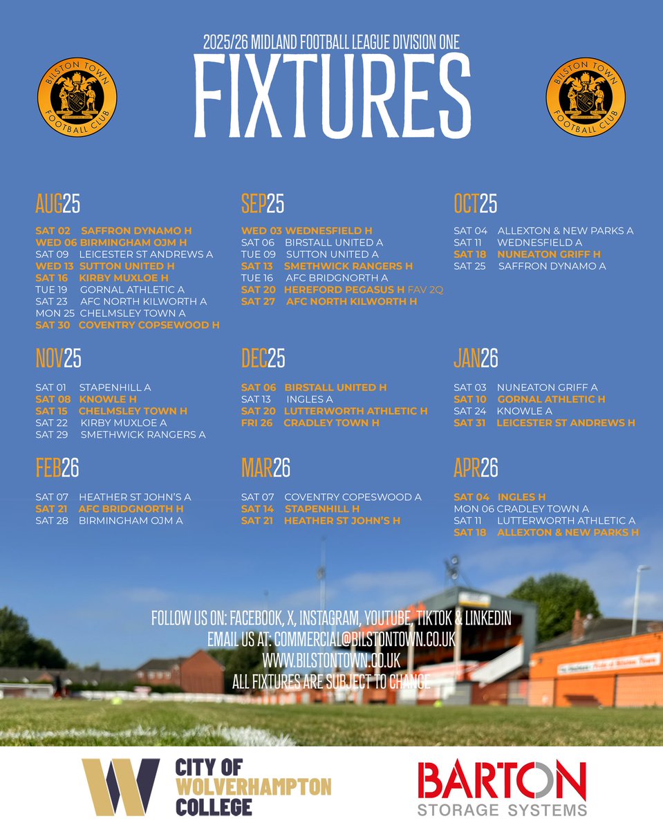 BilstonTownFC's tweet image. TIME TO SHINE 🧡
Here are our fixtures for the 2025/26 season. 🧡