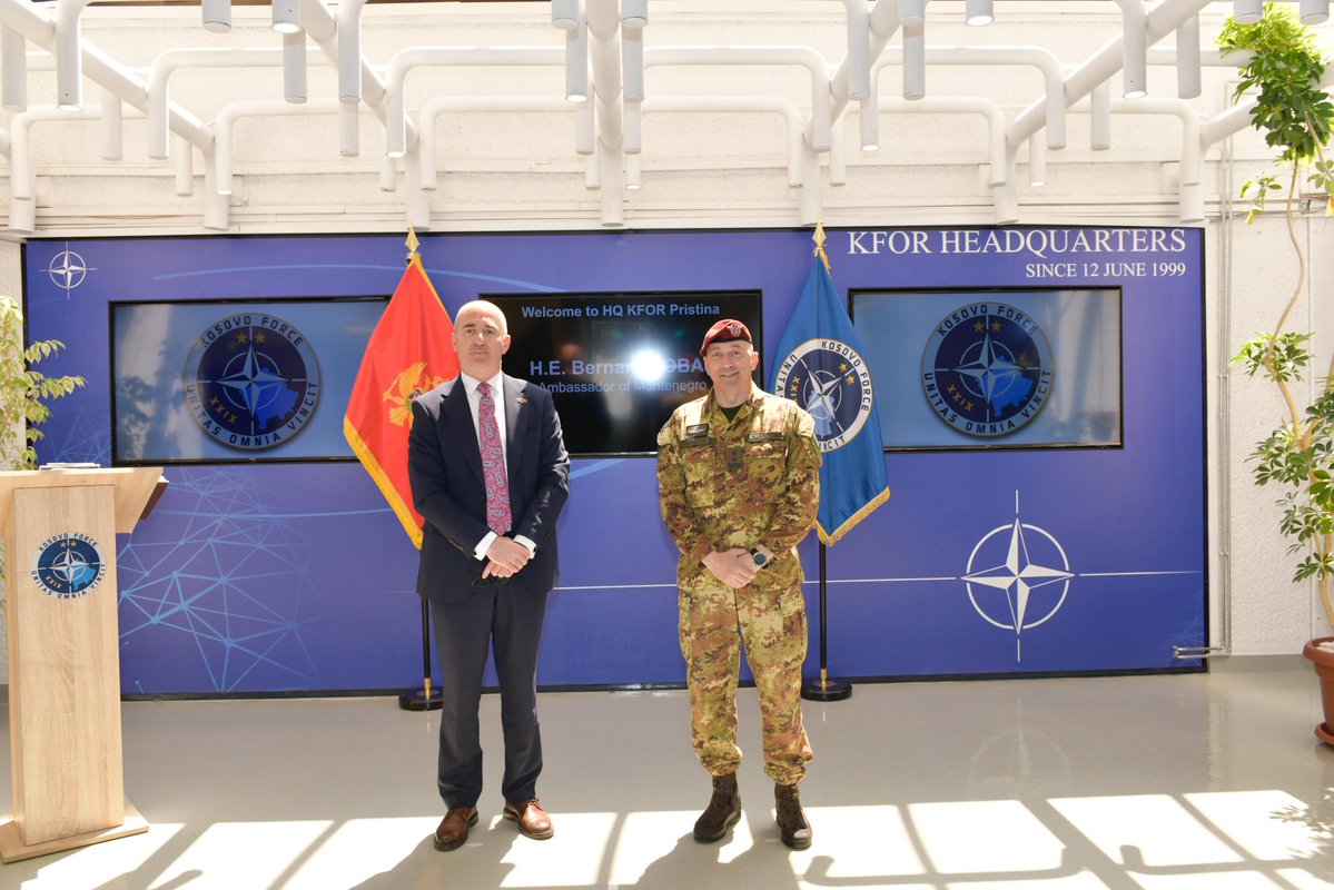 NATO_KFOR's tweet image. Today, the Commander of the #NATO-led #KFOR mission, Major General Enrico Barduani, welcomed the Ambassador of Montenegro to Kosovo, His Excellency Bernard Čobaj, at KFOR Headquarters in Camp Film City, Pristina.

#UNITASOMNIAVINCIT 
#StrongerTogether