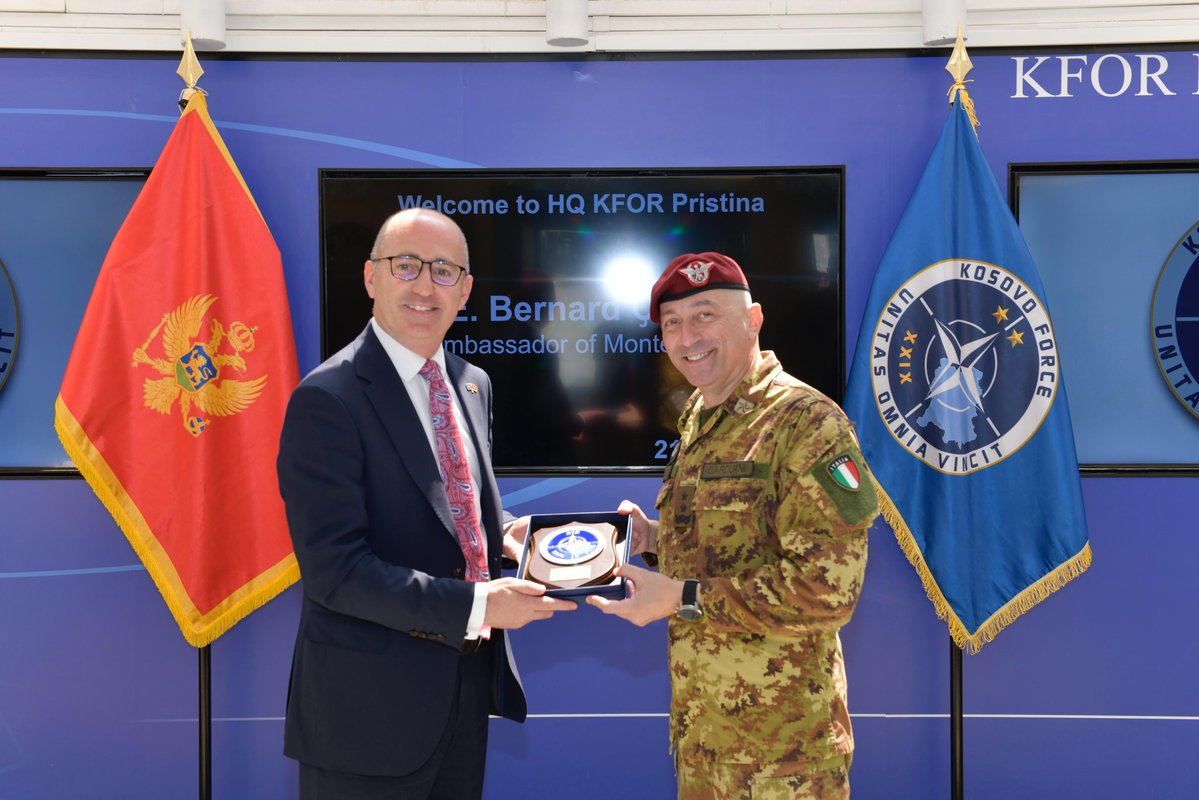 NATO_KFOR's tweet image. Today, the Commander of the #NATO-led #KFOR mission, Major General Enrico Barduani, welcomed the Ambassador of Montenegro to Kosovo, His Excellency Bernard Čobaj, at KFOR Headquarters in Camp Film City, Pristina.

#UNITASOMNIAVINCIT 
#StrongerTogether