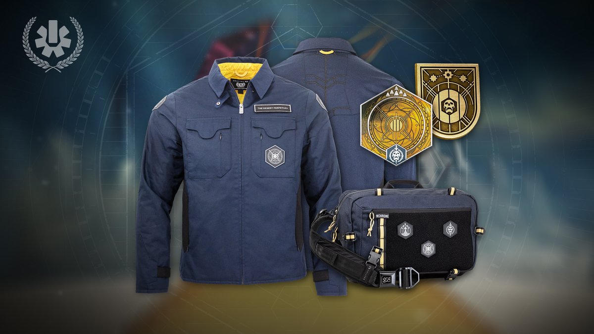 DestinyTheGame's tweet image. Celebrate your accomplishments over The Desert Perpetual Raid with our newest Bungie Rewards, available at the @BungieStore.
🧥 bung.ie/3IlfJZi
👜 bung.ie/4nHRrJ6
🛡️ bung.ie/40Mnii3
💀 bung.ie/4eMbdze