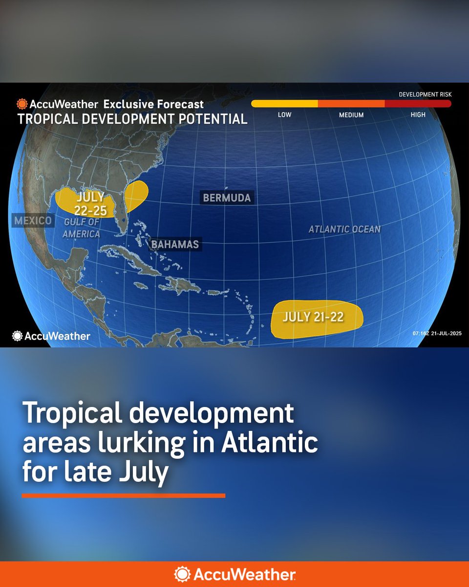 accuweather's tweet image. While the Caribbean remains quiet, there are areas of the Atlantic basin, especially some close to the United States that bear watching in the coming days for tropical activity. bit.ly/40pMLhi
