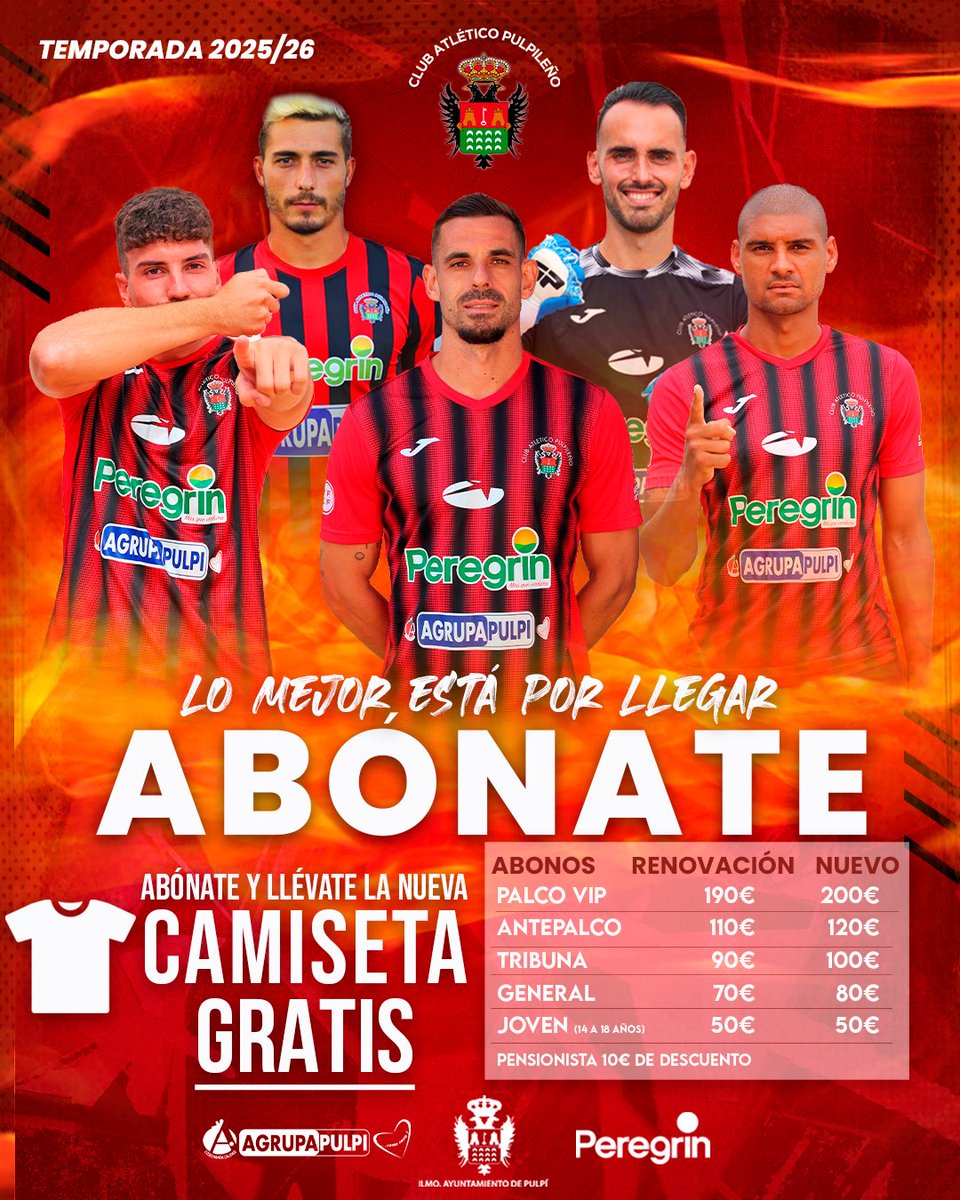 ✨ 𝑳𝑶 𝑴𝑬𝑱𝑶𝑹 𝑬𝑺𝑻𝑨́ 𝑷𝑶𝑹 𝑳𝑳𝑬𝑮𝑨𝑹 ✨

👕 Abónate al C.A. Pulpileño y llévate la nueva camiseta totalmente 𝗚𝗥𝗔𝗧𝗜𝗦 🙌🏻

ℹ️ Próximamente anunciaremos puntos de venta, horarios y la nueva equipación.

#VamosPulpileño🔴⚫️