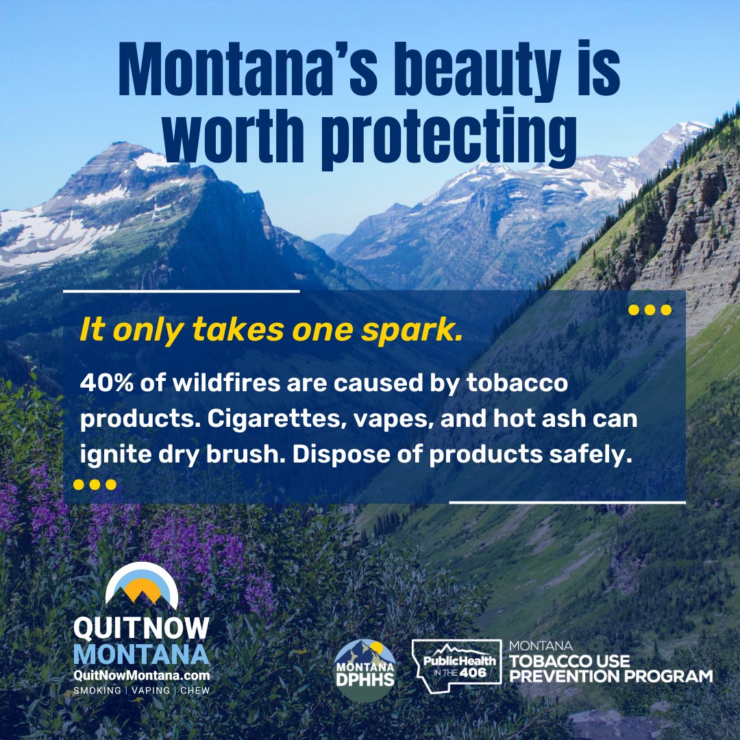 Discarded cigarette butts are a major wildfire threat right here in Montana. They remain hot for hours, igniting up to 40% of fires in populated areas, and causing significant harm to our wildlife and land. Quitting smoking protects more than lungs; it protects Montana. Learn
