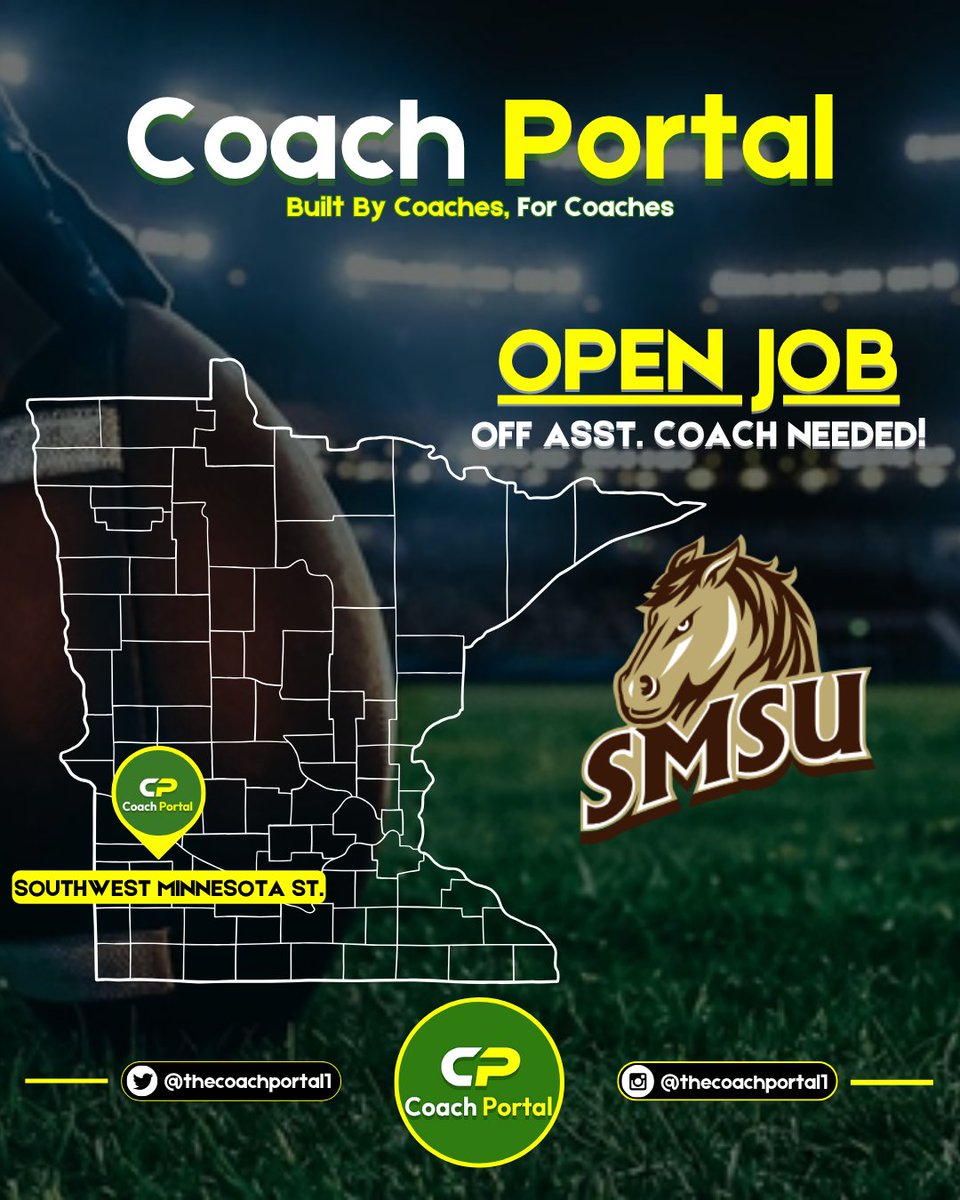 🟡🏈Southwest Minnesota St. (D2) is looking for a Restricted Earnings, Offensive Asst. who can coach TE's or OL. Will coach the room &amp; recruit an area along with assisting with other preparation tasks. The position is 12 months &amp; includes a $20k stipend. NO housing, meals, or