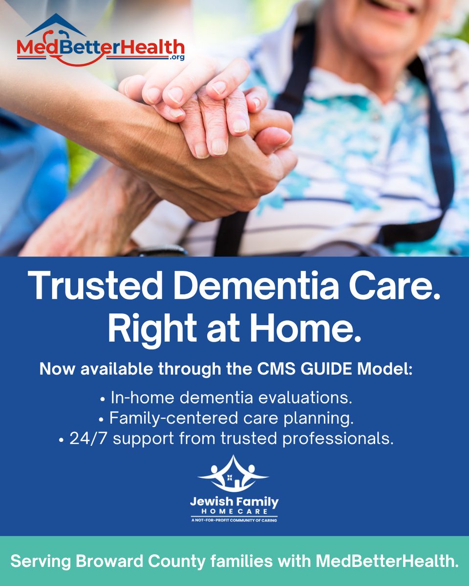 JFHomeCare's tweet image. Now serving families through the CMS Dementia GUIDE Model, Jewish Family Home Care and MedBetterHealth are providing approximately 77 hours of in-home care at no cost through Medicare for those who qualify.