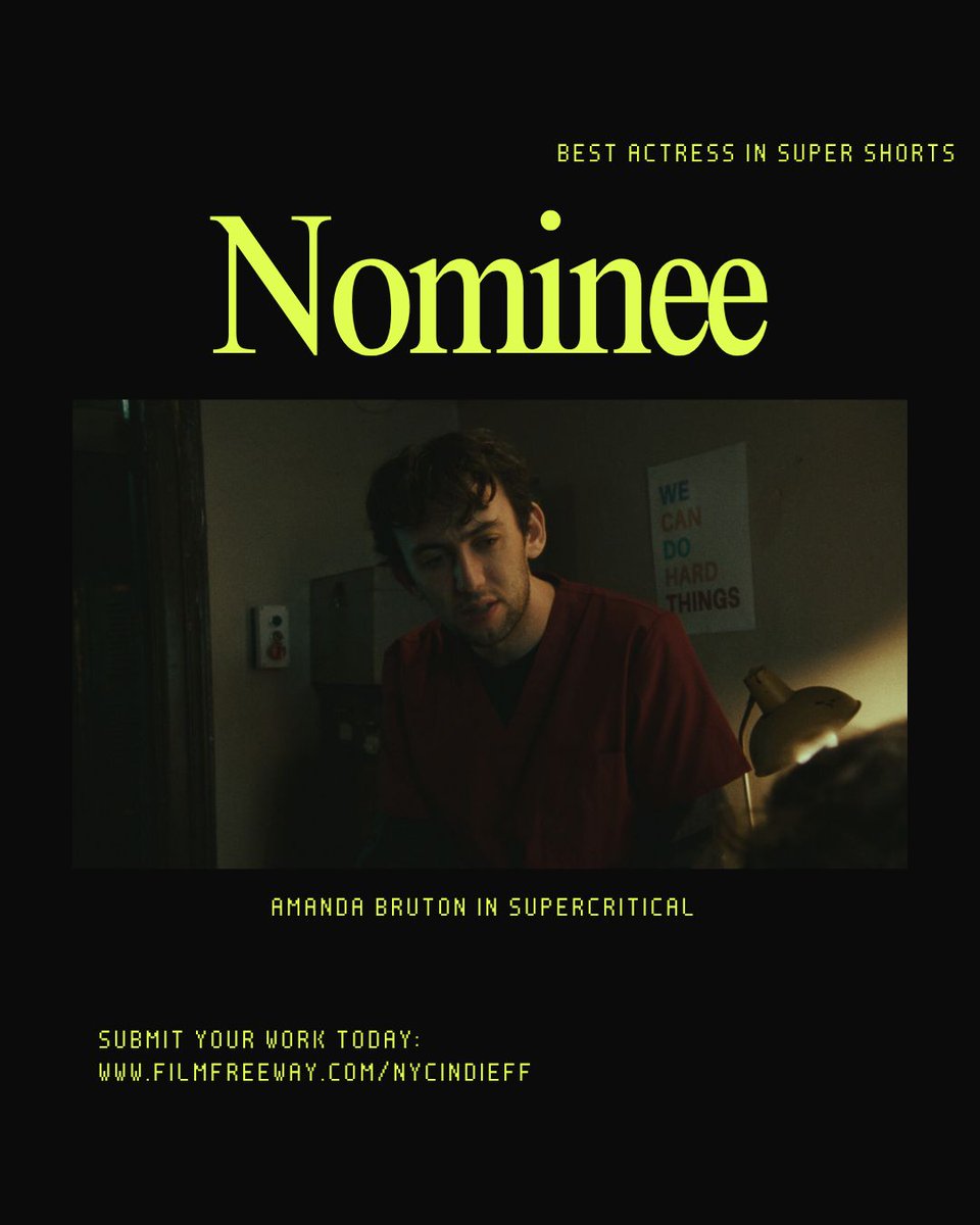 ✨ Congratulations to Amanda Bruton!

Nominated for Best Actress in Super Shorts for her role in Supercritical at the NYC Indie Film Festival 🎬🌟
A powerful performance in a compact frame — we’re cheering you on!

🎥 Submit your film today: filmfreeway.com/nycindieff