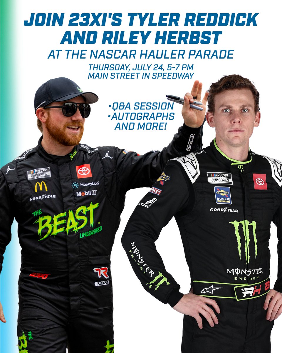 IMS's tweet image. Join a pair of drivers with wins at IMS at the #NASCAR Hauler Parade 👀
See @23XIRacing's @TylerReddick and @rileyherbst this Thursday from 5-7 PM on Main Street in Speedway!
