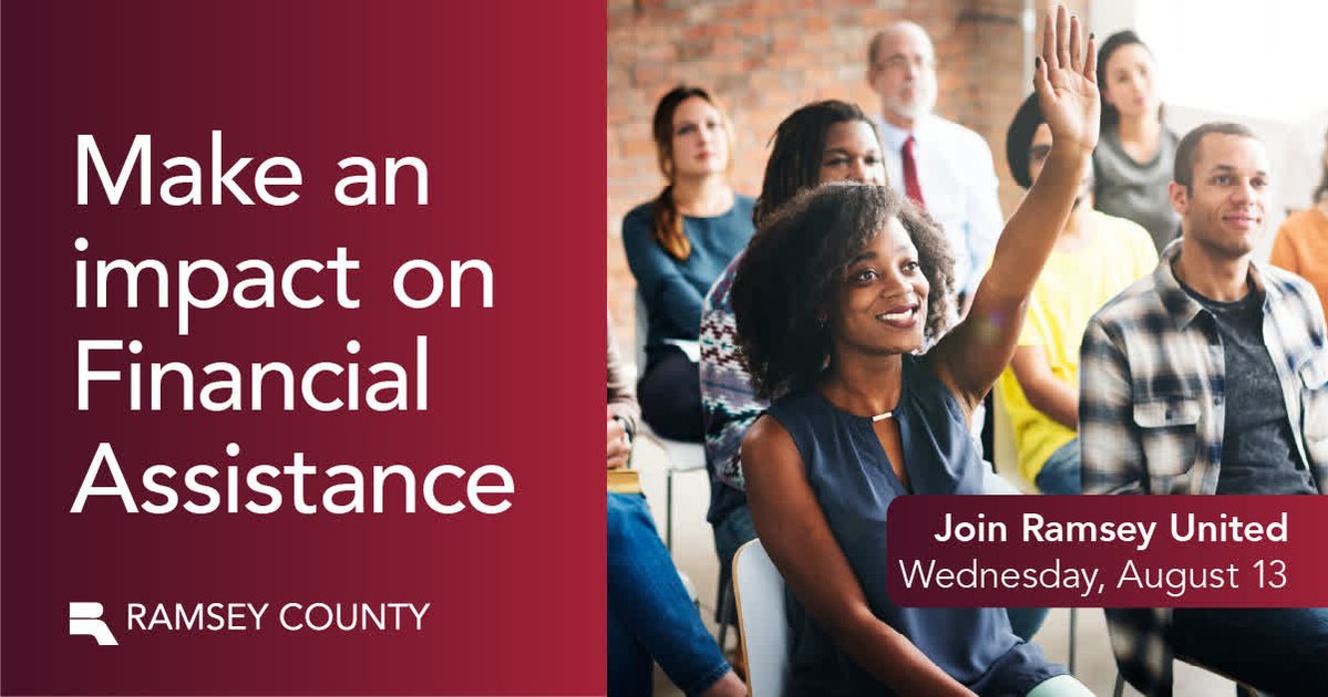 RamseyCounty's tweet image. Ramsey County residents who receive financial assistance are invited to an in-person meeting at the Rondo Community Library on Wednesday, Aug. 13 at 5 p.m. to share feedback with Financial Assistance Services.
RSVP by Wednesday, Aug. 6: ramseycounty.us/RamseyUnitedEv…