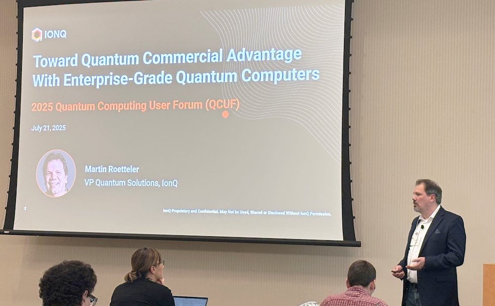 OLCFGOV's tweet image. How do quantum and classical computing unite to tackle challenges?
@IonQ_Inc's Martin Roetteler gave the keynote speech Monday at @ORNL's Quantum Computing User Forum, guiding attendees on the transformative landscape where quantum technology meets commercial viability.