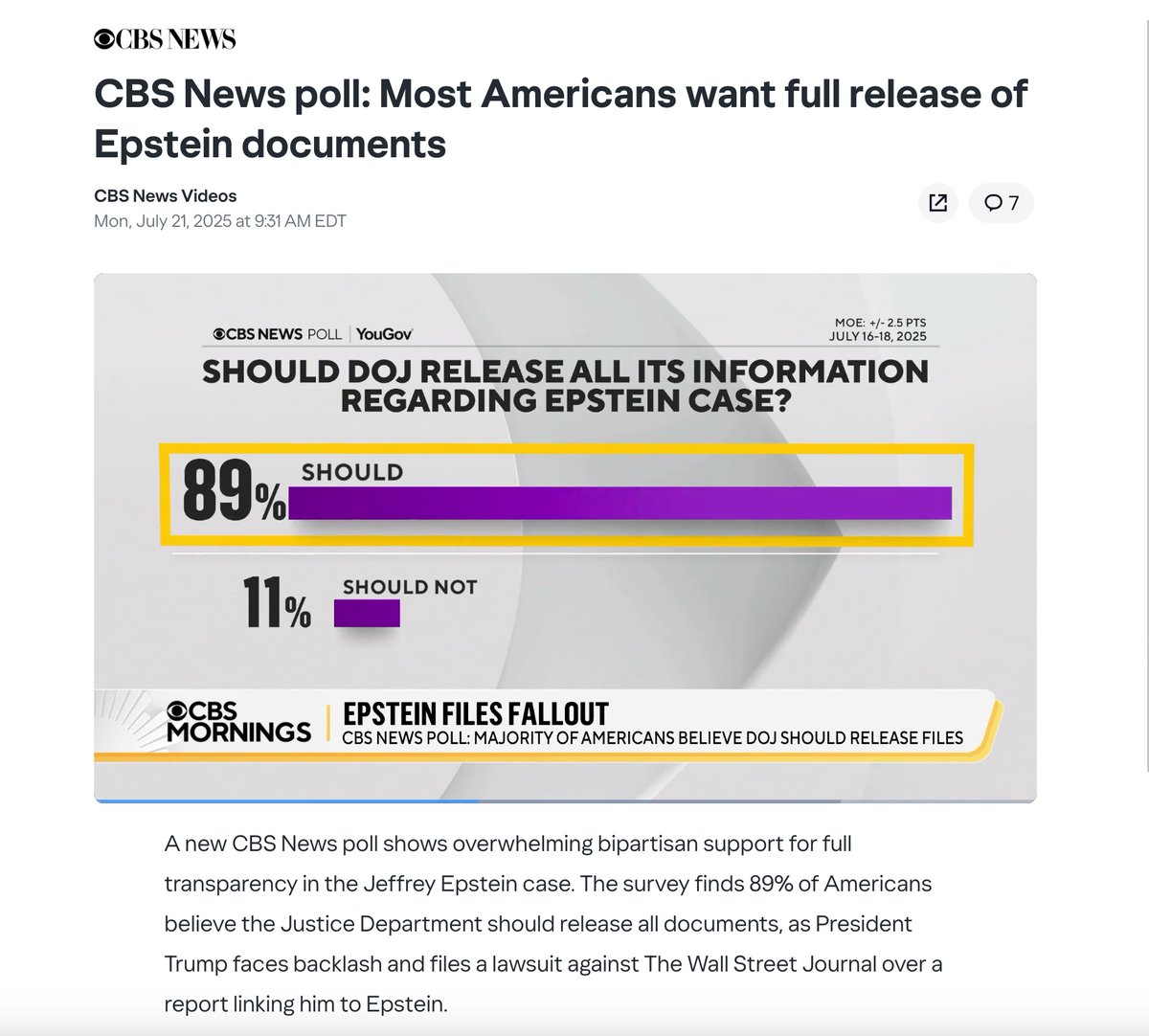 Nick__Bryant's tweet image. According to a CBS Poll, 89% of Americans want the Justice Department to release all of its information regarding the Epstein case. WE THE PEOPLE have spoken.
