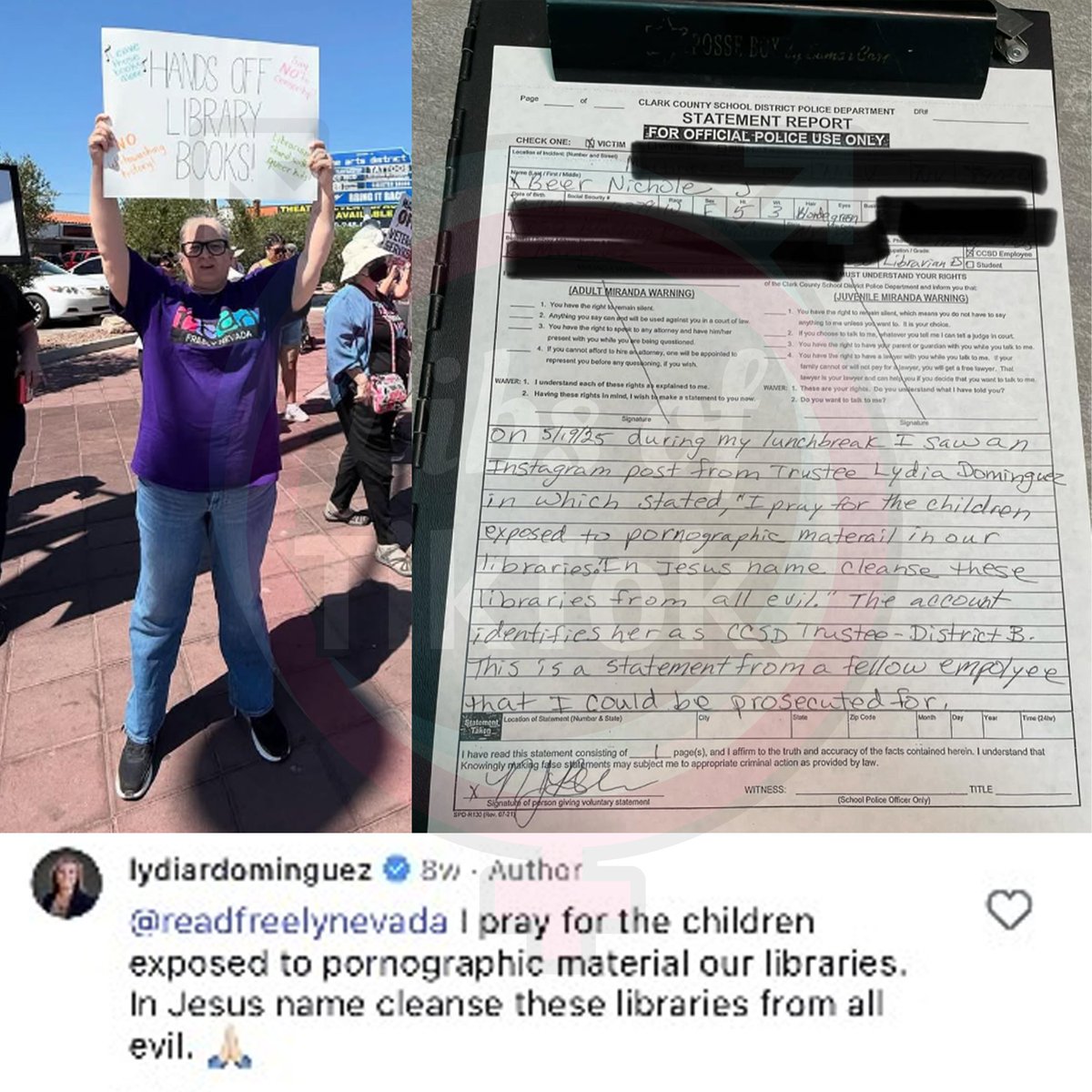 libsoftiktok's tweet image. SCOOP: Nichole Beer, an activist librarian at @ClarkCountySch, filed a police report against a school district trustee for making a comment online praying for p*ornographic material to be removed from school libraries.
Nichole thinks she’s a "victim" because a school trustee…