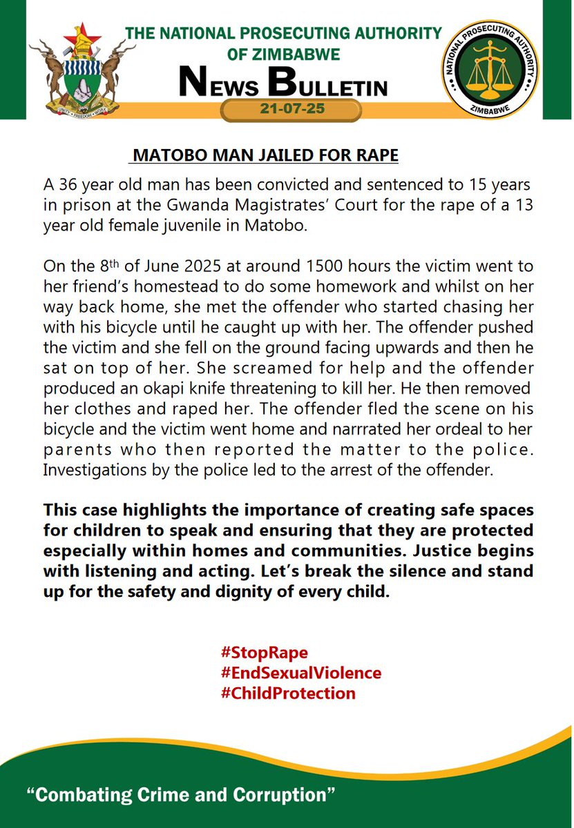 National Prosecuting Authority of Zimbabwe (@npazim) on Twitter photo Matobo man jailed for rape
#CombatingCrimeAndCorruption
#StopRape
#protectthegirlchild
<a href="/MwanasikanaW/">Mwanasikana Wanhasi</a> <a href="/ShamwariyeMwana/">Shamwari Yemwanasikana</a> <a href="/FAWEZim/">FAWEZI</a> <a href="/ZimWomenLawyers/">ZWLA</a> <a href="/HeraldZimbabwe/">The Herald Zimbabwe</a> <a href="/ChronicleZim/">The Chronicle</a> <a href="/3KtvZim/">3Ktv</a> <a href="/DailyNewsZim/">@DailyNewsZim</a> <a href="/gwasbuz/">george swarei</a> <a href="/DiamondFMZim/">Diamond Fm Zim News</a> <a href="/capitalkfm/">Capitalk100.4fm</a> <a href="/childlinezim/">Childline Zimbabwe</a> <a href="/crimewatchzw/">Crime Watch Zimbabwe</a> Matobo man jailed for rape
#CombatingCrimeAndCorruption
#StopRape
#protectthegirlchild
<a href="/MwanasikanaW/">Mwanasikana Wanhasi</a> <a href="/ShamwariyeMwana/">Shamwari Yemwanasikana</a> <a href="/FAWEZim/">FAWEZI</a> <a href="/ZimWomenLawyers/">ZWLA</a> <a href="/HeraldZimbabwe/">The Herald Zimbabwe</a> <a href="/ChronicleZim/">The Chronicle</a> <a href="/3KtvZim/">3Ktv</a> <a href="/DailyNewsZim/">@DailyNewsZim</a> <a href="/gwasbuz/">george swarei</a> <a href="/DiamondFMZim/">Diamond Fm Zim News</a> <a href="/capitalkfm/">Capitalk100.4fm</a> <a href="/childlinezim/">Childline Zimbabwe</a> <a href="/crimewatchzw/">Crime Watch Zimbabwe</a>