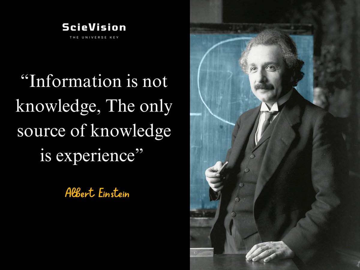 scievision369's tweet image. "Information is not knowledge. The only source of knowledge is experience."
-- Albert Einstein ✍️
Einstein said, "Information is not knowledge." You can consume endless information, but it won't equal knowledge or wisdom. To turn information into knowledge, you must: (A)…