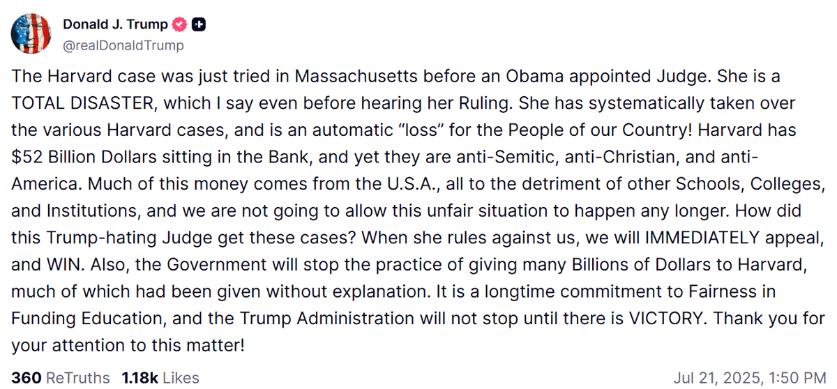 KellieMeyerNews's tweet image. President Trump calls out Obama appointed Judge in Harvard case.
"How did this Trump-hating Judge get these cases? When she rules against us, we will IMMEDIATELY appeal, and WIN."