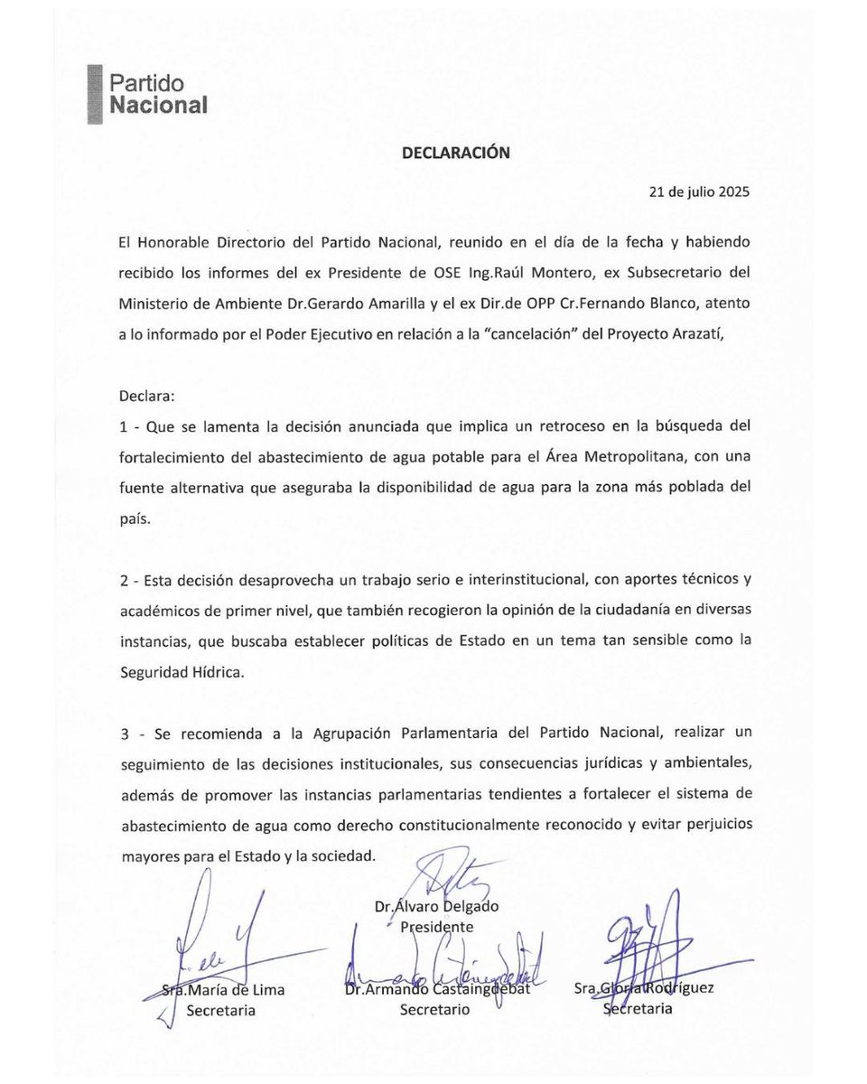 El Partido Nacional expresa su preocupación ante la cancelación del Proyecto Arazatí, una decisión que retrasa el fortalecimiento del abastecimiento de agua potable para el Área Metropolitana. Este proyecto es vital para asegurar el acceso al agua, un derecho fundamental para
