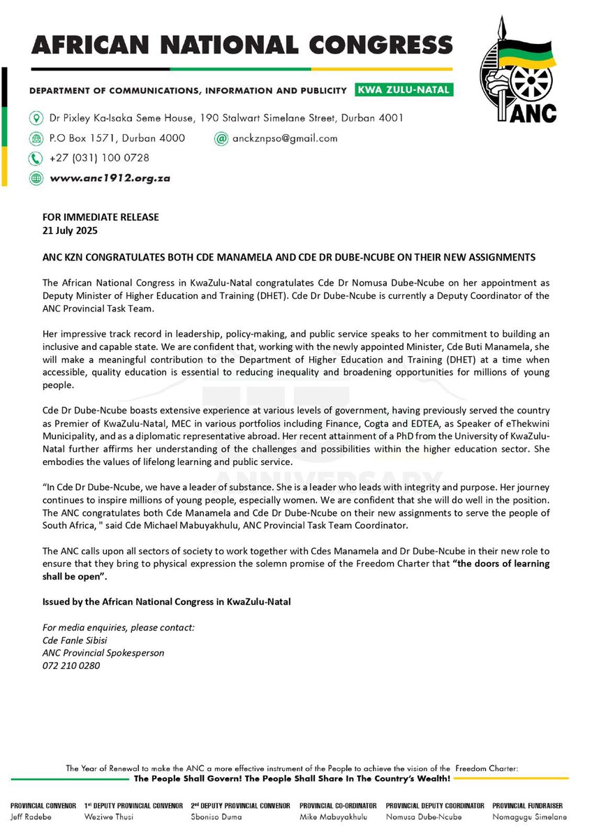 ANCKZN's tweet image. ANC KZN CONGRATULATES BOTH CDE MANAMELA AND CDE DR DUBE-NCUBE ON THEIR NEW ASSIGNMENTS