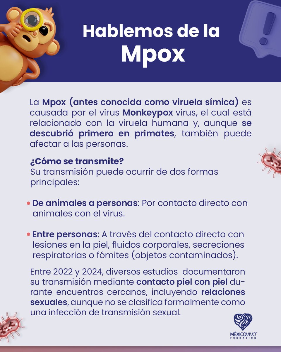 fundmexicovivo's tweet image. En el #LunesDeSalud hablamos de la Mpox, antes conocida como viruela símica, una enfermedad viral que se puede prevenir y tratar. Recuerda que ante cualquier sospecha, debes acudir con tu médico.
Para saber más, puedes preguntar en el chat 24/7 de paress2030.org.