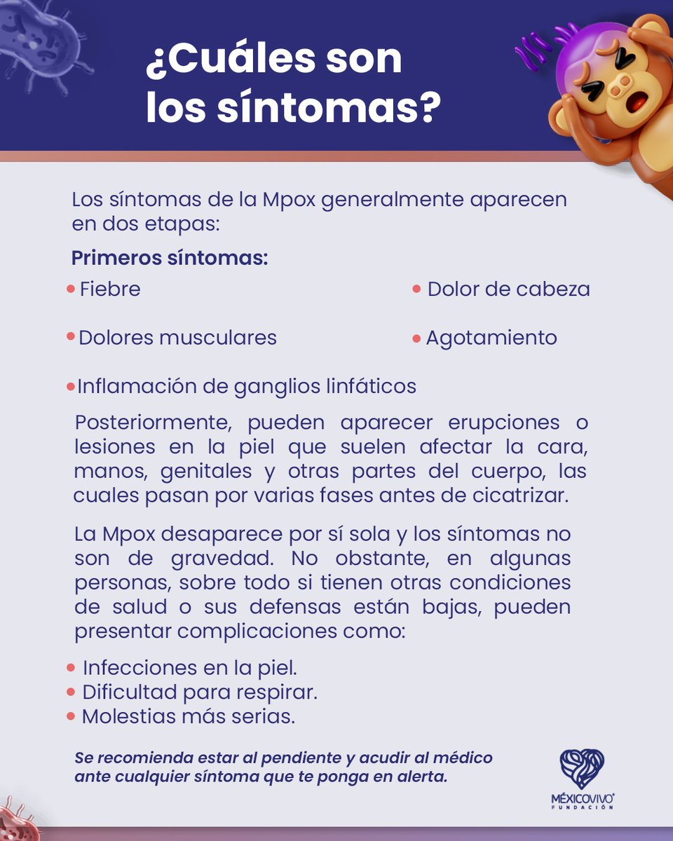fundmexicovivo's tweet image. En el #LunesDeSalud hablamos de la Mpox, antes conocida como viruela símica, una enfermedad viral que se puede prevenir y tratar. Recuerda que ante cualquier sospecha, debes acudir con tu médico.
Para saber más, puedes preguntar en el chat 24/7 de paress2030.org.