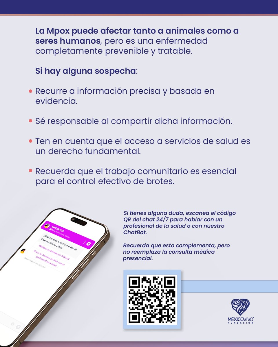 fundmexicovivo's tweet image. En el #LunesDeSalud hablamos de la Mpox, antes conocida como viruela símica, una enfermedad viral que se puede prevenir y tratar. Recuerda que ante cualquier sospecha, debes acudir con tu médico.
Para saber más, puedes preguntar en el chat 24/7 de paress2030.org.