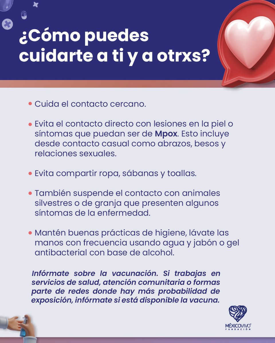 fundmexicovivo's tweet image. En el #LunesDeSalud hablamos de la Mpox, antes conocida como viruela símica, una enfermedad viral que se puede prevenir y tratar. Recuerda que ante cualquier sospecha, debes acudir con tu médico.
Para saber más, puedes preguntar en el chat 24/7 de paress2030.org.