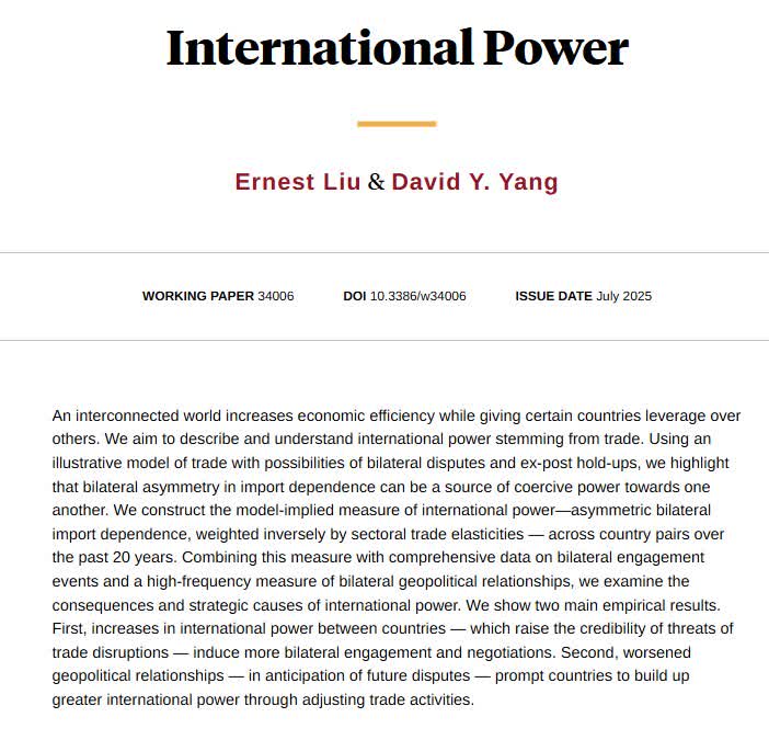 nberpubs's tweet image. Measuring international power stemming from trade and investigating the geopolitical consequences and strategic causes of such power, from @ErnestLiuEcon and @david_yang nber.org/papers/w34006