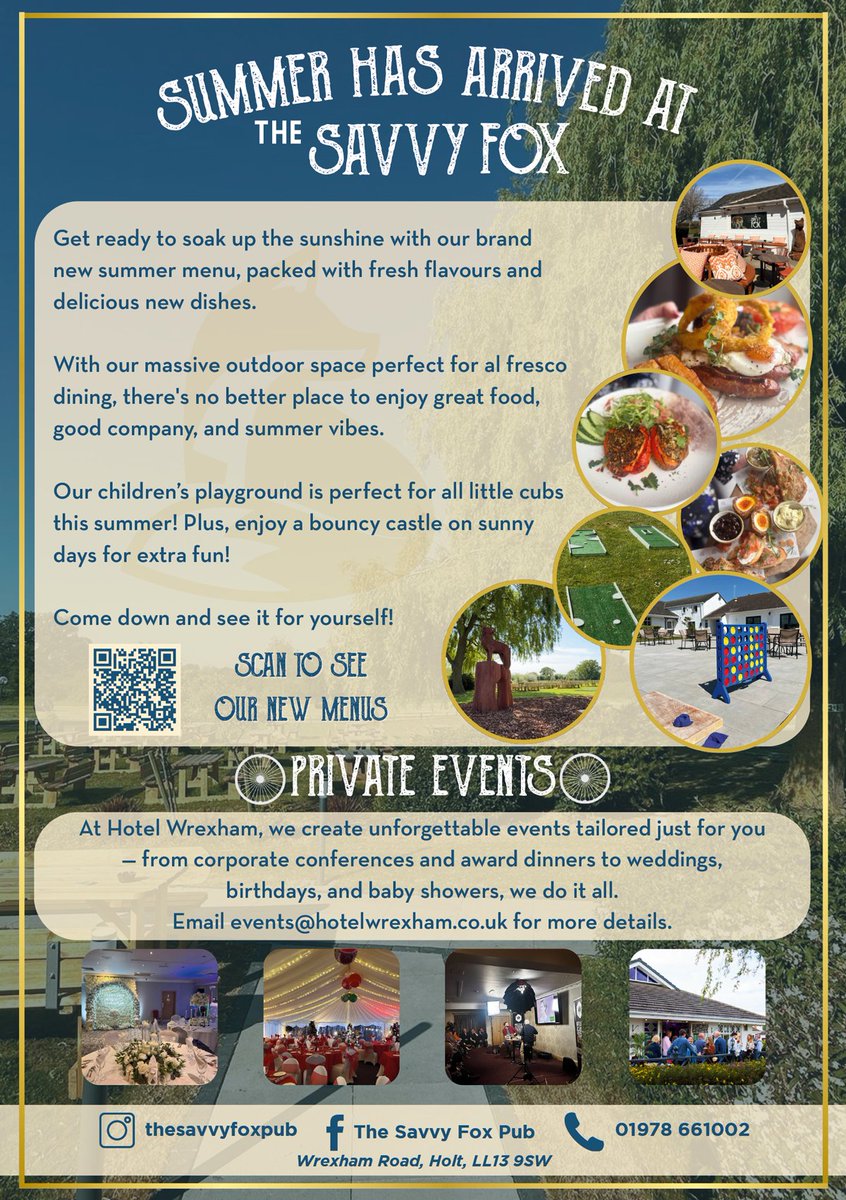 Love Wrexham Magazine (@love_wrexham) on Twitter photo SUMMER HAS ARRIVED AT THE SAVVY FOX
New summer menu | Massive outdoor space, perfect for al fresco dining | Children's playground for all little cubs | Bouncy castle on sunny days.
mailto:events@hotelwrexham.co.uk
01978 661002
Wrexham Road, Holt, LL13 9SW
#nw4b
#northwalessocial SUMMER HAS ARRIVED AT THE SAVVY FOX
New summer menu | Massive outdoor space, perfect for al fresco dining | Children's playground for all little cubs | Bouncy castle on sunny days.
mailto:events@hotelwrexham.co.uk
01978 661002
Wrexham Road, Holt, LL13 9SW
#nw4b
#northwalessocial