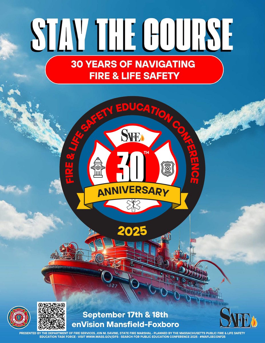 MassDFS's tweet image. Join us this fall for a Pub Ed conference three decades in the making! The 30th Annual Fire & Life Safety Education Conference is coming to Mansfield Sept. 17-18. Register today and submit your nomination for Fire & Life Safety Educator of the Year: ow.ly/cFZI50Ws34v
