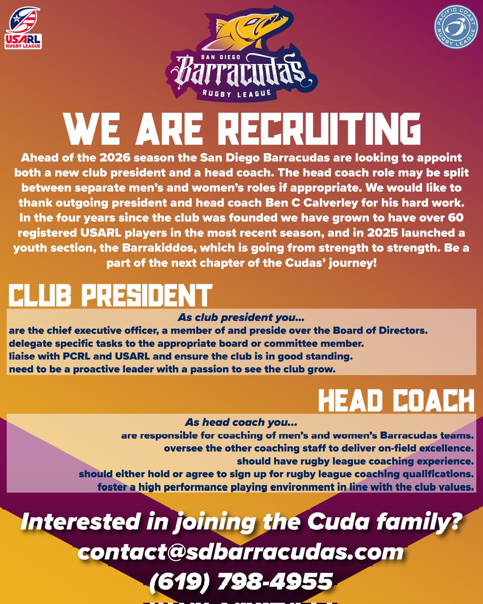 🚨 WE ARE RECRUITING 🚨

Do you have the skills to lead the Barracudas in 2026? We are searching outstanding candidates to take on leadership roles within the club: Club President and Head Coach. 

Reach out via DM, phone, or email with your interest

#recruiting #rugbyleague