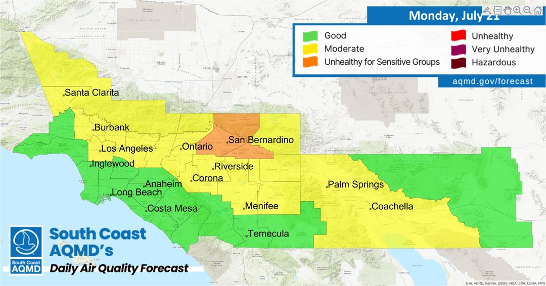 SouthCoastAQMD's tweet image. #AirQuality Forecast (Monday, July 21st): aqmd.gov/forecast
AQI readings in portions of the #InlandEmpire are predicted to reach Unhealthy for Sensitive Groups or higher levels.
View our Real Time #AQI Map: aqmd.gov/aqimap