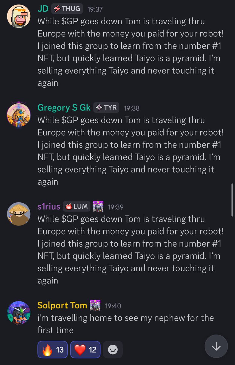 mrks (@mrksgmi) on Twitter photo While $GP goes down Tom is traveling thru Europe with the money you paid for your robot! I joined this group to learn from the number #1 NFT, but quickly learned Taiyo is a pyramid. I’m selling everything Taiyo and never touching it again.
<a href="/TaiyoRobotics/">Taiyo Robotics《TYR》</a> #1 in copy pasta While $GP goes down Tom is traveling thru Europe with the money you paid for your robot! I joined this group to learn from the number #1 NFT, but quickly learned Taiyo is a pyramid. I’m selling everything Taiyo and never touching it again.
<a href="/TaiyoRobotics/">Taiyo Robotics《TYR》</a> #1 in copy pasta