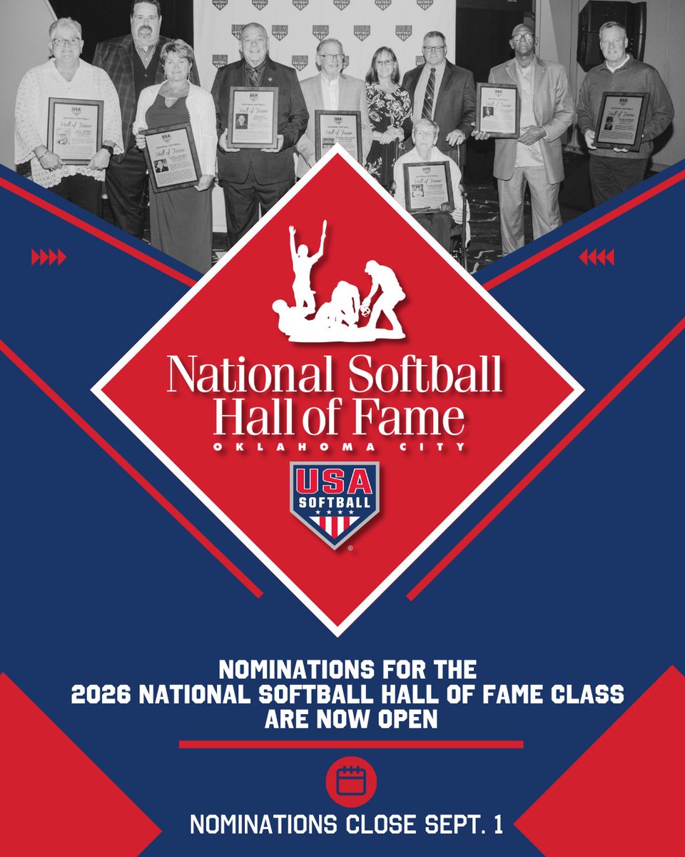 USASoftball's tweet image. 2026 𝐍𝐚𝐭𝐢𝐨𝐧𝐚𝐥 𝐒𝐨𝐟𝐭𝐛𝐚𝐥𝐥 𝐇𝐚𝐥𝐥 𝐨𝐟 𝐅𝐚𝐦𝐞 nominations are now open‼️

Find out how to nominate here 🔗 go.usasoftball.com/HOF

#USASoftball