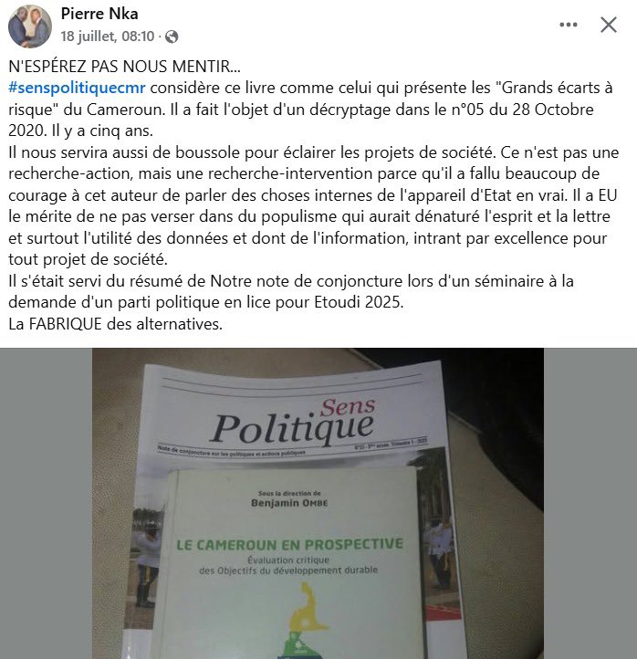 Benjamin_ombe's tweet image. Merci au Dr NKA pour ce témoignage. Pour ceux et celles qui aspirent à gouverner notre pays. Ce livre présente les « risques » et « opportunités » pour une gouvernance inclusive au Cameroun.
