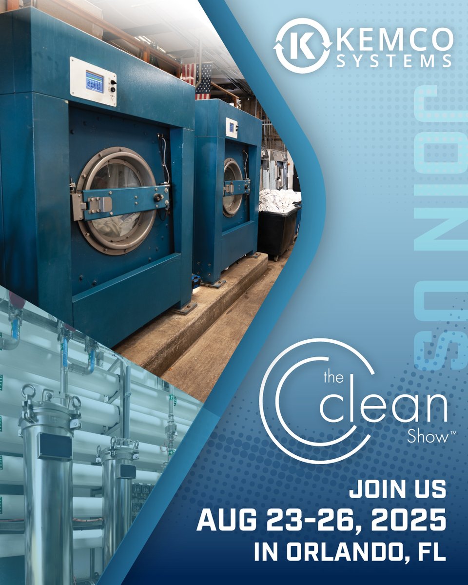 We are excited to network with laundry industry leaders at the Clean Show in Orlando, FL, August 23-26. Chat with our team in booth #1263 about how our showcased KLEENWATER™ System, produces reuse rates of  75-82% for laundries. 

#CleanShow2025 #Kemco #KemcoSystems