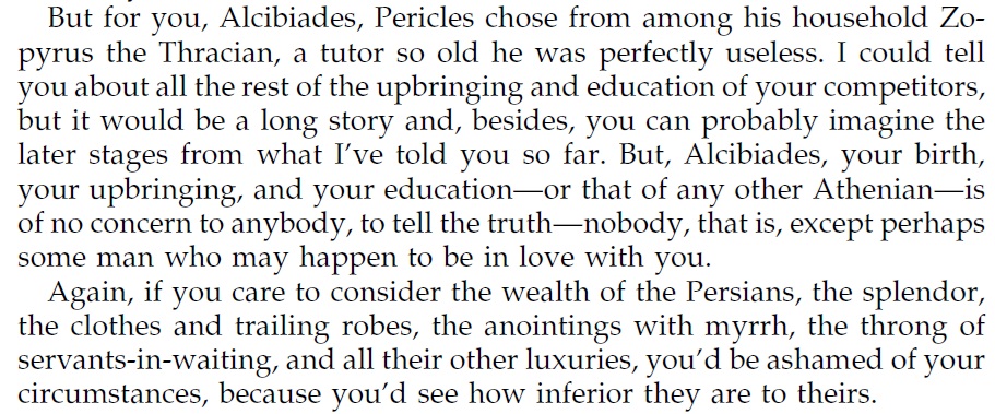 dominbydigdug's tweet image. Socrates tells Alcibiades that he grew up in a trailer park.
1 Alcibiades 122 b-c