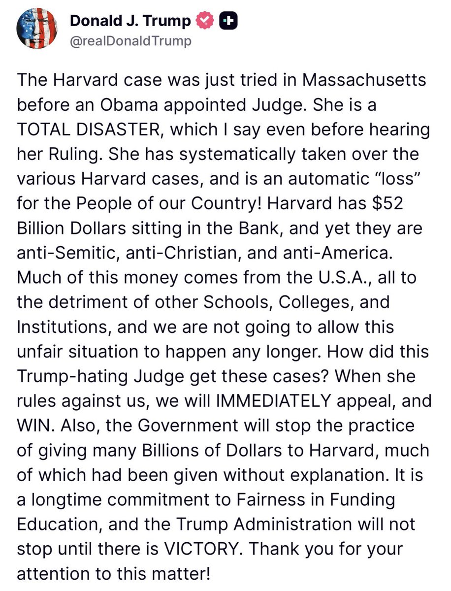 nicksortor's tweet image. 🚨 JUST IN: President Trump SLAMS Harvard, calling them “anti-Semitic, anti-Christian, and anti-American” as an Obama judge will soon rule on the case to strip them of federal funding
“the Government will STOP the practice of giving many Billions of Dollars to Harvard… the…