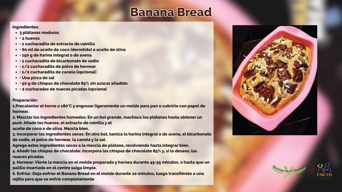 fneth_org's tweet image. 🧑🍳 La receta dulce y saludable que estabas buscando de la Asociación de Enfermos y Trasplantados Hepáticos de la Comunidad Valenciana
🍌 Banana Bread 🍫
Aquí tenéis la receta 👇