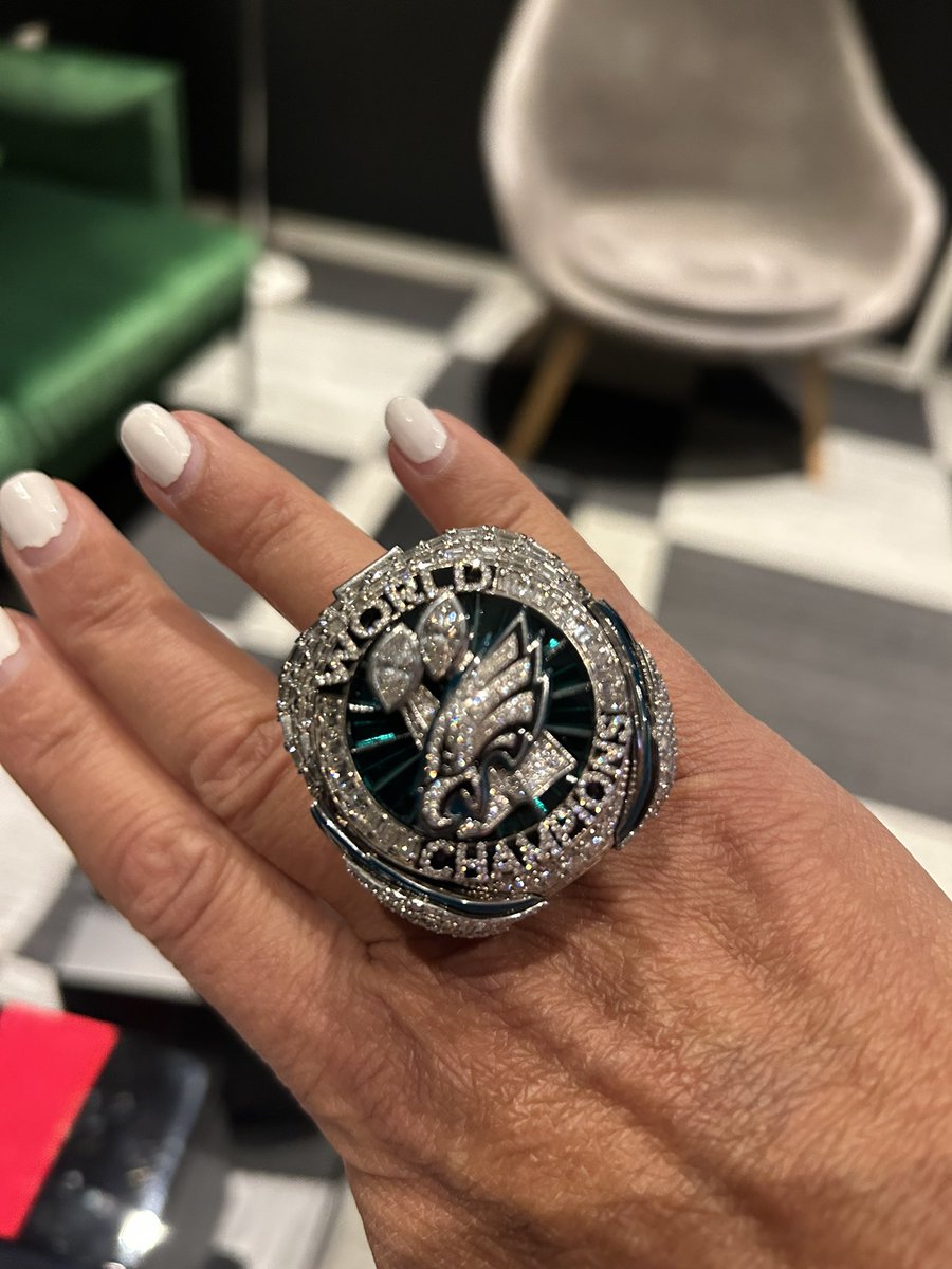 Look at my new bling! What a thrill to try on the new <a href="/Eagles/">Philadelphia Eagles</a> #superbowllix Championship ring! That thing is heavy! Thanks to <a href="/JasonofBH/">Jason of Beverly Hills 💎</a> for stopping by #PhillyLive today on <a href="/NBCPhiladelphia/">NBC10 Philadelphia</a> 💍 #GoBirds