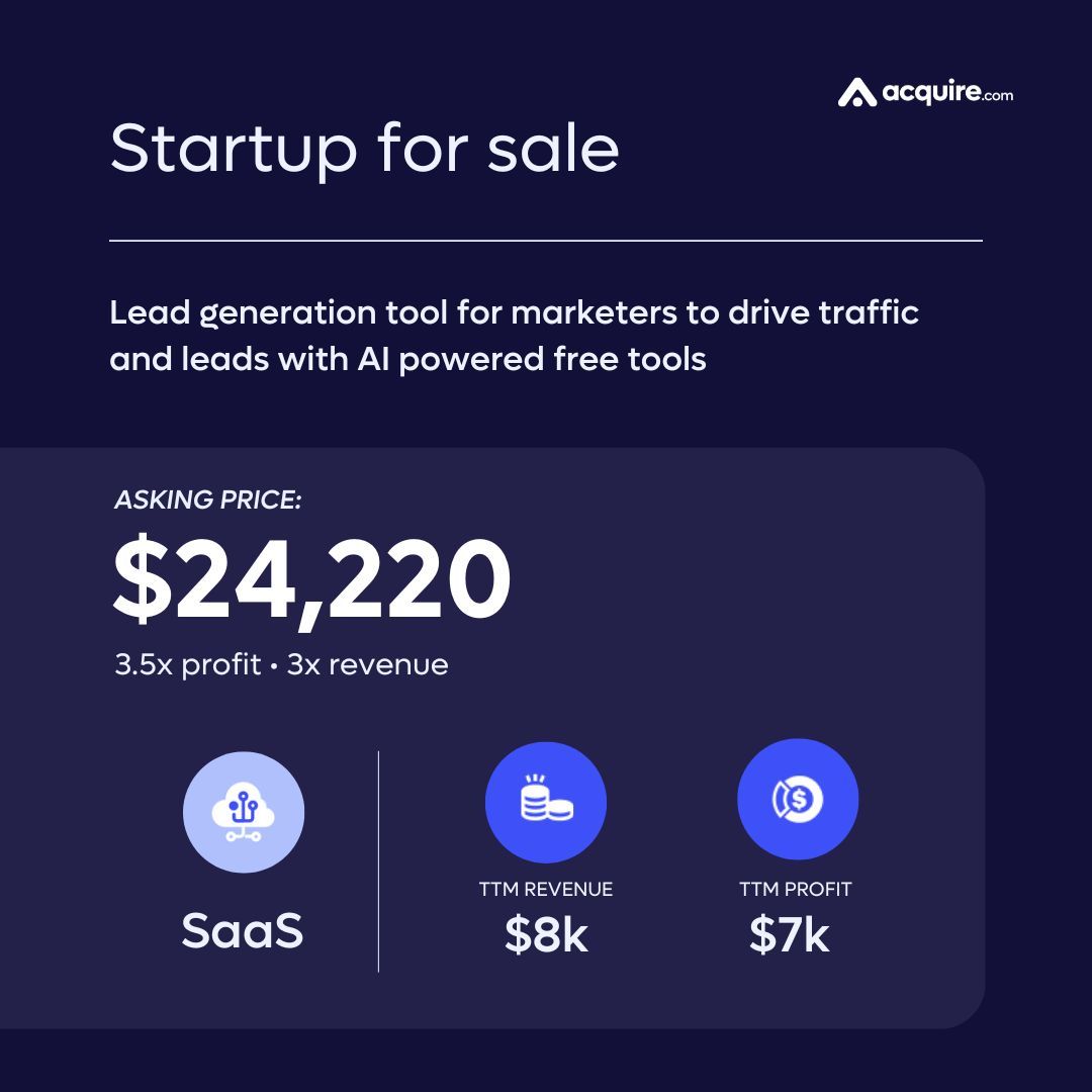 acquiredotcom's tweet image. 🔥 New Startup Listed 🔥 SaaS | Lead generation tool for marketers to drive traffic and leads with AI powered free tools | $8k TTM revenue
Asking Price: $24.2k
Contact the seller here: buff.ly/LuPAPSr