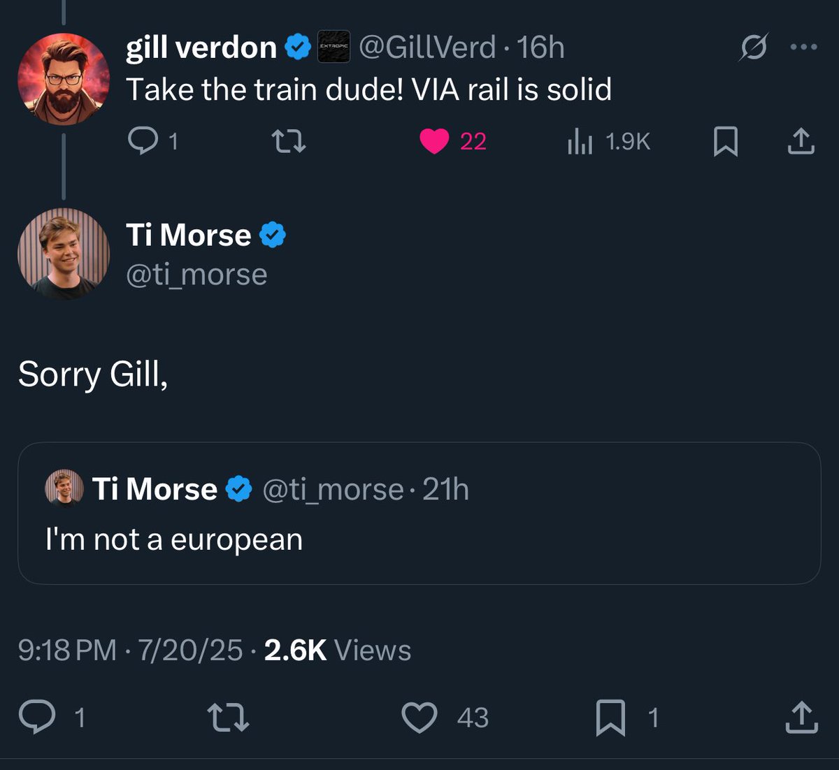 ti_morse's tweet image. If someone ever tells you to take the train just respond that you’re not a european
There’s literally no comeback