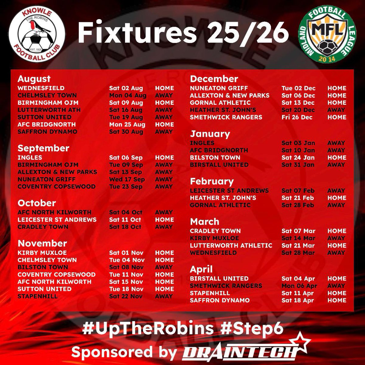 Knowle_FC's tweet image. 📅 2025/26 Fixtures Confirmed!
🔓 Opening Day:
Knowle vs Wednesfield
💡 First Ever Home Game Under the Lights:
Knowle vs Chelmsley Town
🎄 Boxing Day at Home:
Knowle vs Smethwick Rangers
🏁 Final Day:
Knowle vs Saffron Dynamo
👇 Full list below
#UpTheRobins | #MFL