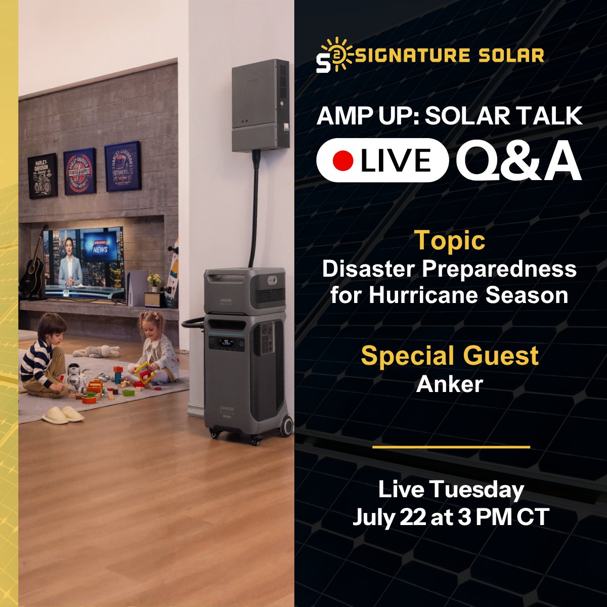 Hurricane season is here! Are you ready? ⚡🌪️

Join us for Amp Up: Solar Talk Ep. 28 with Anker on July 22 at 3PM CST. We’re talking disaster prep + backup power solutions like the SOLIX F3800.

🔗 Subscribe to be notified: youtube.com/@SignatureSolar