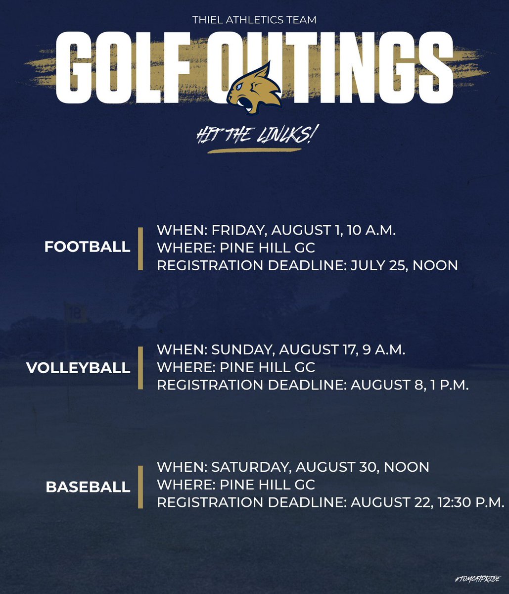 ⛳𝙏𝙄𝙈𝙀 𝙏𝙊 𝙃𝙄𝙏 𝙏𝙃𝙀 𝙇𝙄𝙉𝙆𝙎⛳

Looking to get on the course and support your favorite Thiel teams? Register your foursome for our team golf outings!

Signup links can be found below!⬇️

🔗thielathletics.com/sports/2025/7/…

#TomcatPride