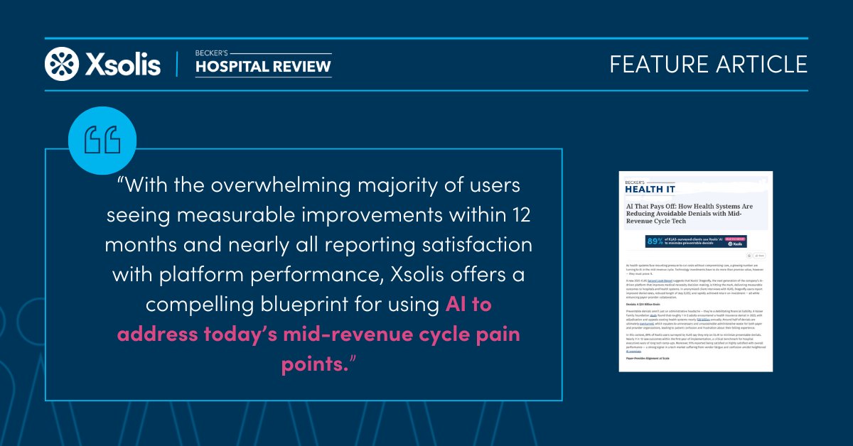 Xsolis_Health's tweet image. Technology investments have to do more than promise value — they must prove it. What did clients reveal to @KLASresearch as part of a report on Xsolis' solutions? 

Read the feature article in @BeckersHR: bit.ly/4f0g9Rh 

#ROIwithAI #KLASreport #AIinHealthcare
