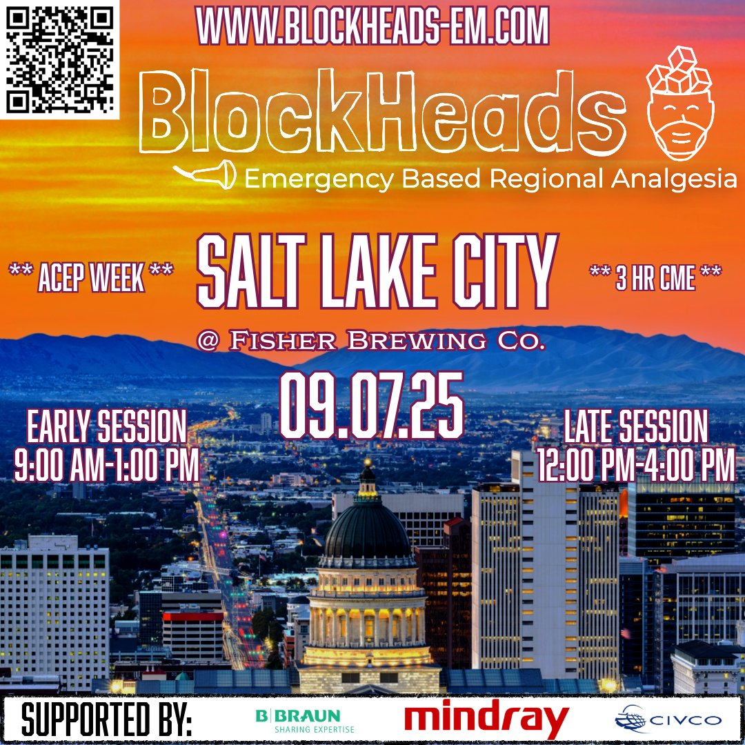 Rob Farrow (@robfarrow_2) on Twitter photo π¨ BlockHeads #5: Salt Lake City π¨
π Ultrasound-Guided Nerve Blocks for EM Docs
ποΈ Sept 7 | π 9AMβ1PM or 12β4PM
π Fisher Brewing Co | During ACEP
π 3 CME Credits | π§ Hands-On | π₯ High-Yield
β‘οΈ Small groups. Real scanning. Skills youβll actually use.
π Register now: π¨ BlockHeads #5: Salt Lake City π¨
π Ultrasound-Guided Nerve Blocks for EM Docs
ποΈ Sept 7 | π 9AMβ1PM or 12β4PM
π Fisher Brewing Co | During ACEP
π 3 CME Credits | π§ Hands-On | π₯ High-Yield
β‘οΈ Small groups. Real scanning. Skills youβll actually use.
π Register now: